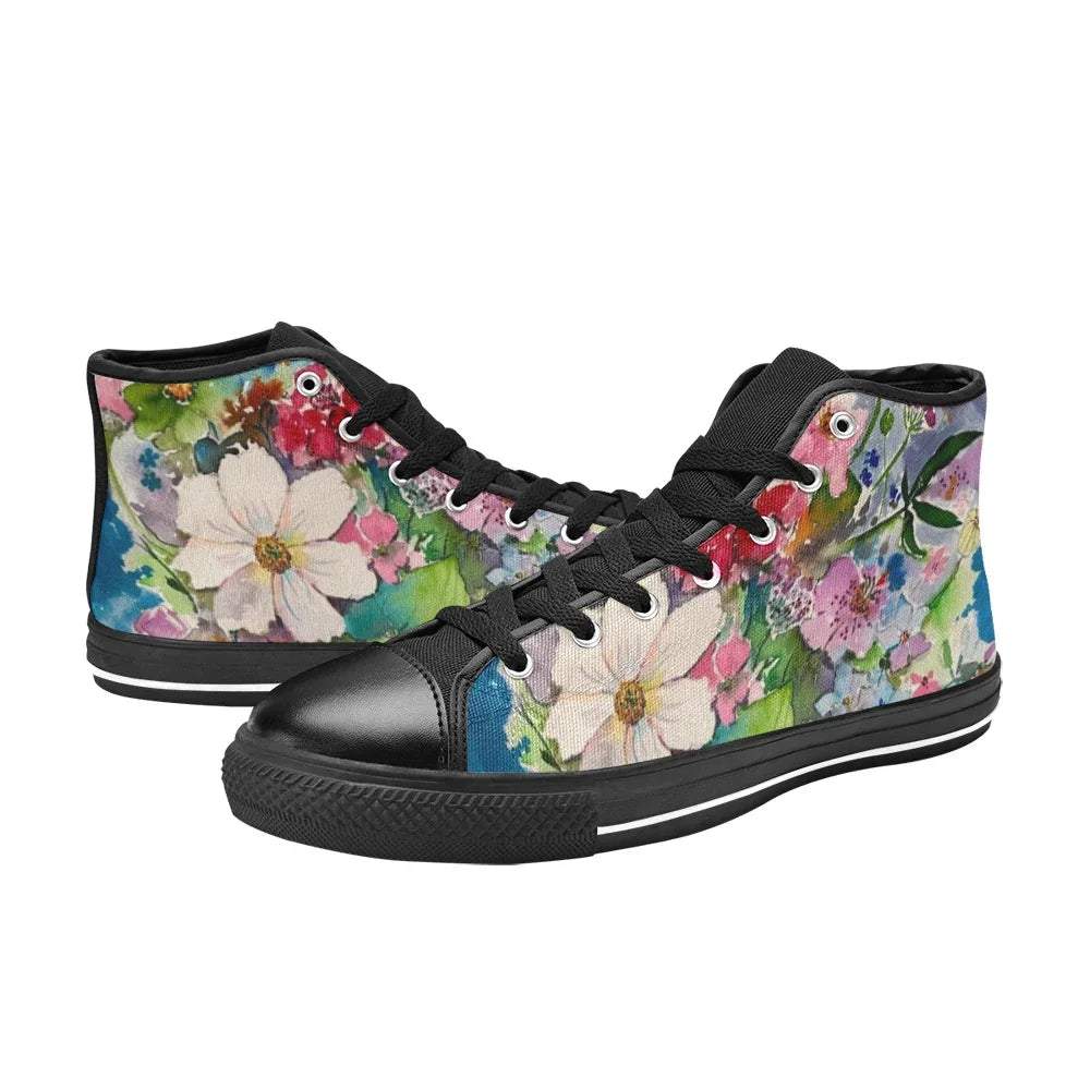 Flower Bunch Schwarze Damen Klassische High Top Canvas Schuhe