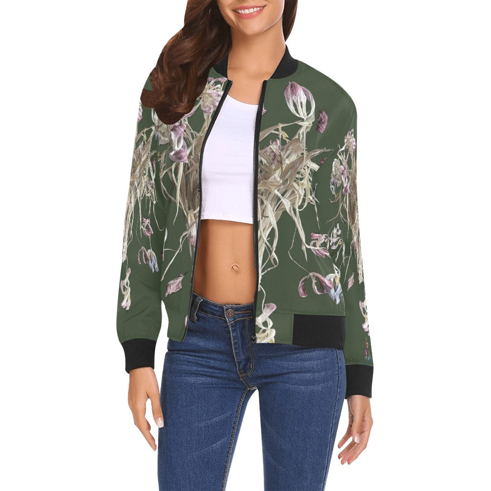 Women’s bomber jacket with Iris Field Rain Forest floral design, ribbed collar and cuffs, zip-up front, lightweight polyester fabric, casual and stylish outerwear