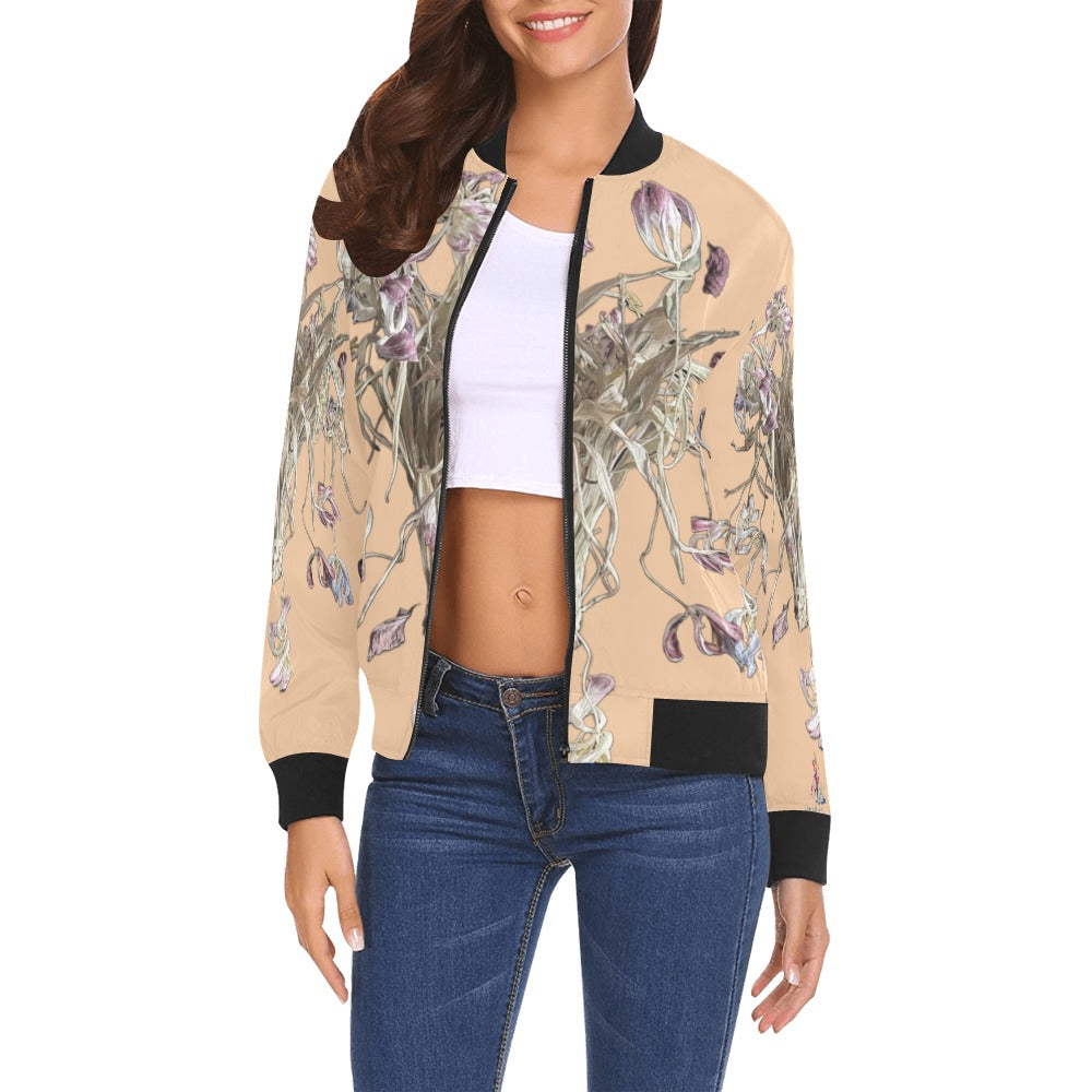 Women's Tulip Drama Roasted Peach Bomber Jacket featuring floral artwork on peach background with black ribbed collar, cuffs, and hem.