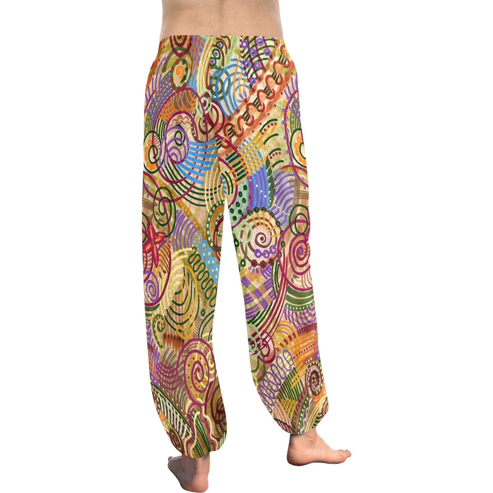 Autumn Rain Rings Women's Harem Style Pants, lightweight chiffon drawstring pants with a baggy design, adjustable waist, and customizable features on Artsadd.