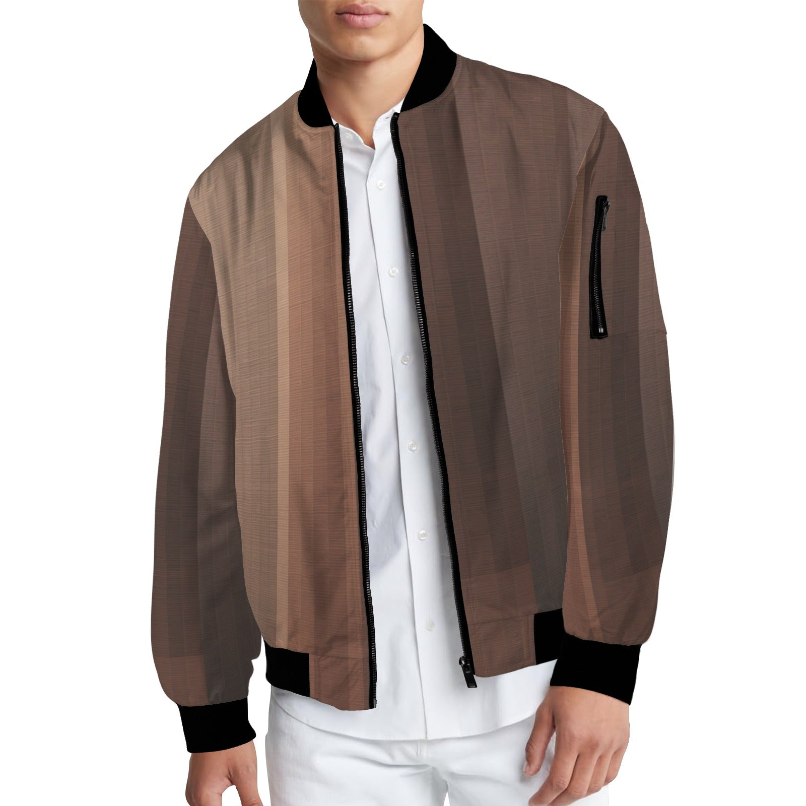 Elegant brown bomber jacket with black ribbed collar, cuffs, and hem, worn over a white shirt.