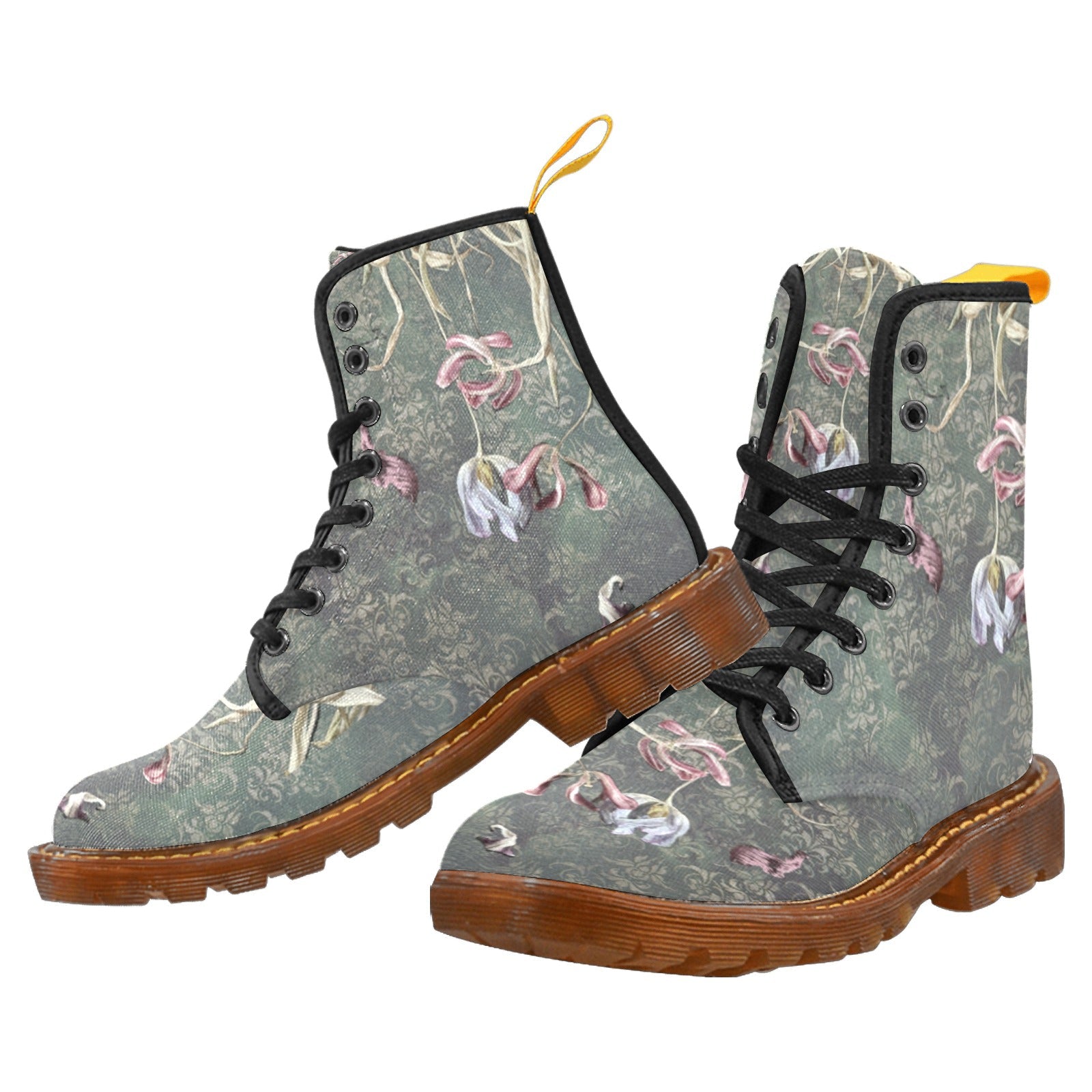 Women's Damascus Tulip Drama custom canvas lace-up combat boots with floral print and translucent rubber sole