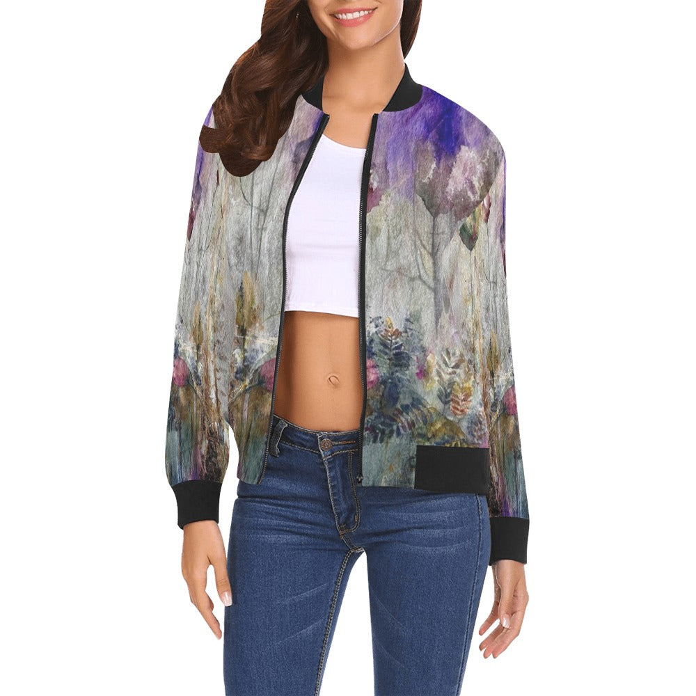 Women's Mystic Tulips all over print bomber jacket with ribbed collar and cuffs, casual and artistic design.