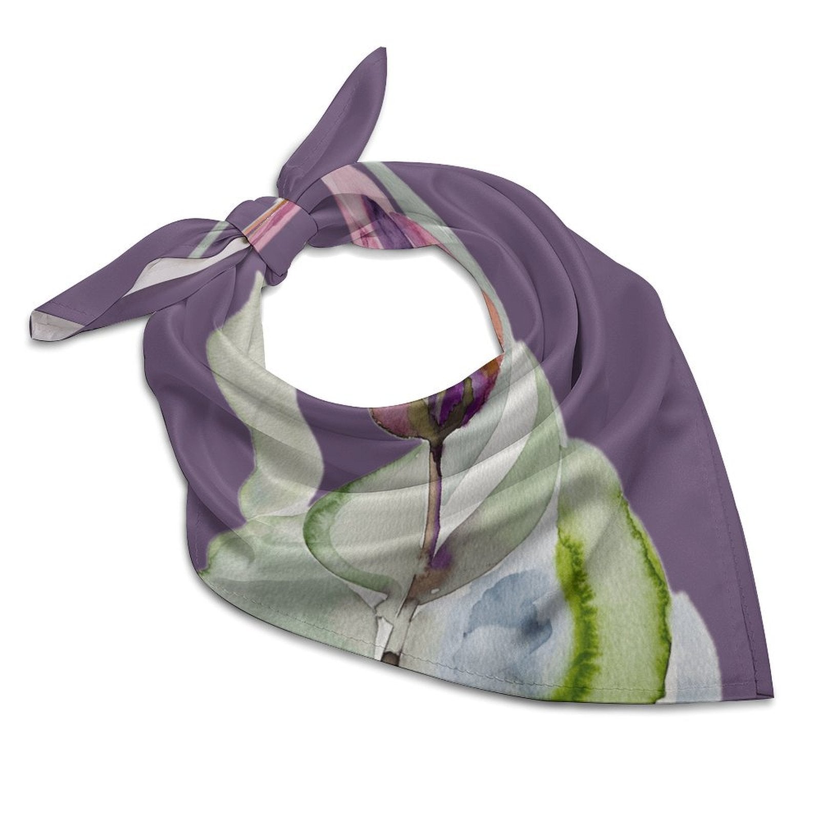 Purple floral silk scarf kerchief styled for city bomber jacket accessory
