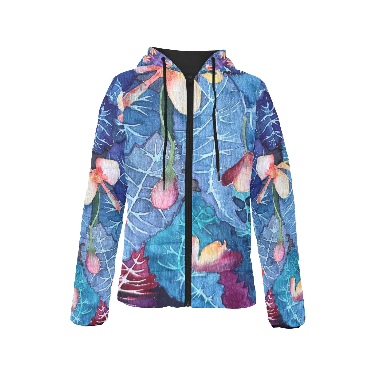 Womens puffer jacket with Cyclamen in Blue floral design, padded hood, and quilted lining.