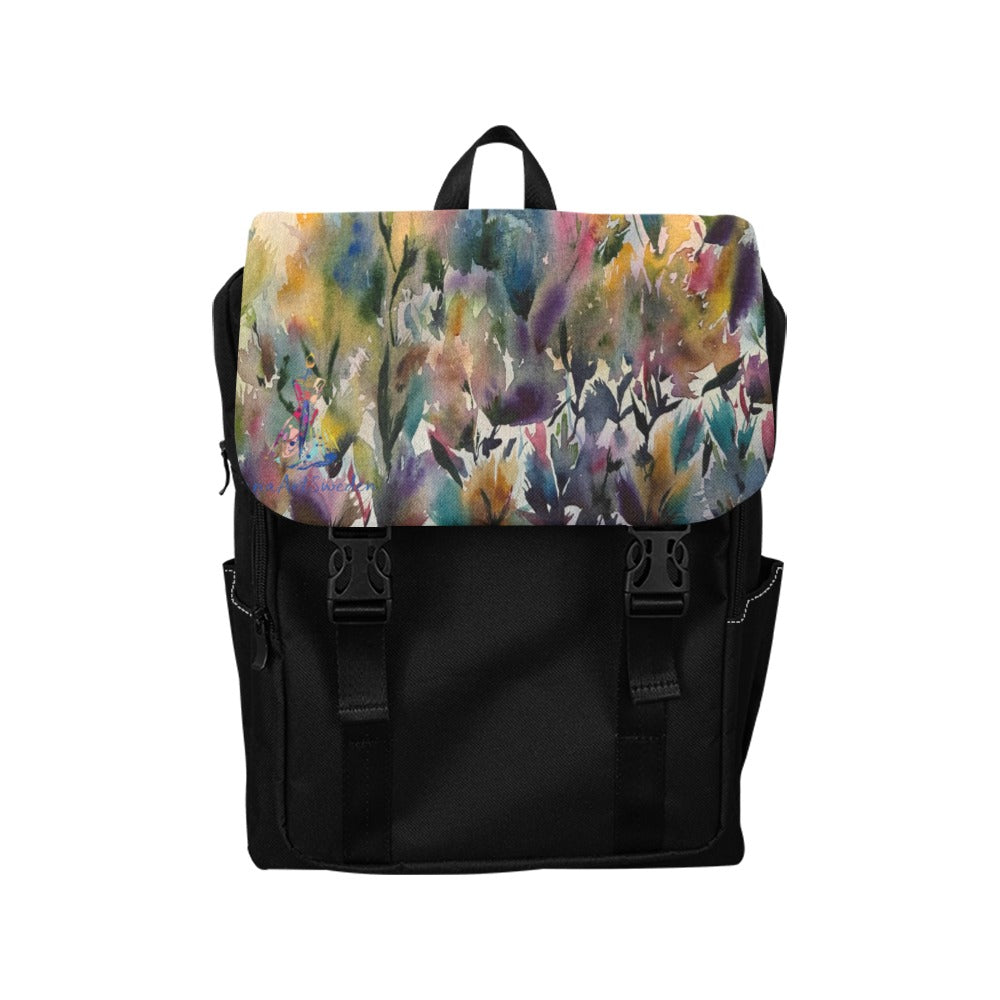 Morning Dew Casual Backpack with colorful floral print flap, black oxford fabric body, adjustable straps, multiple pockets, and sleek design