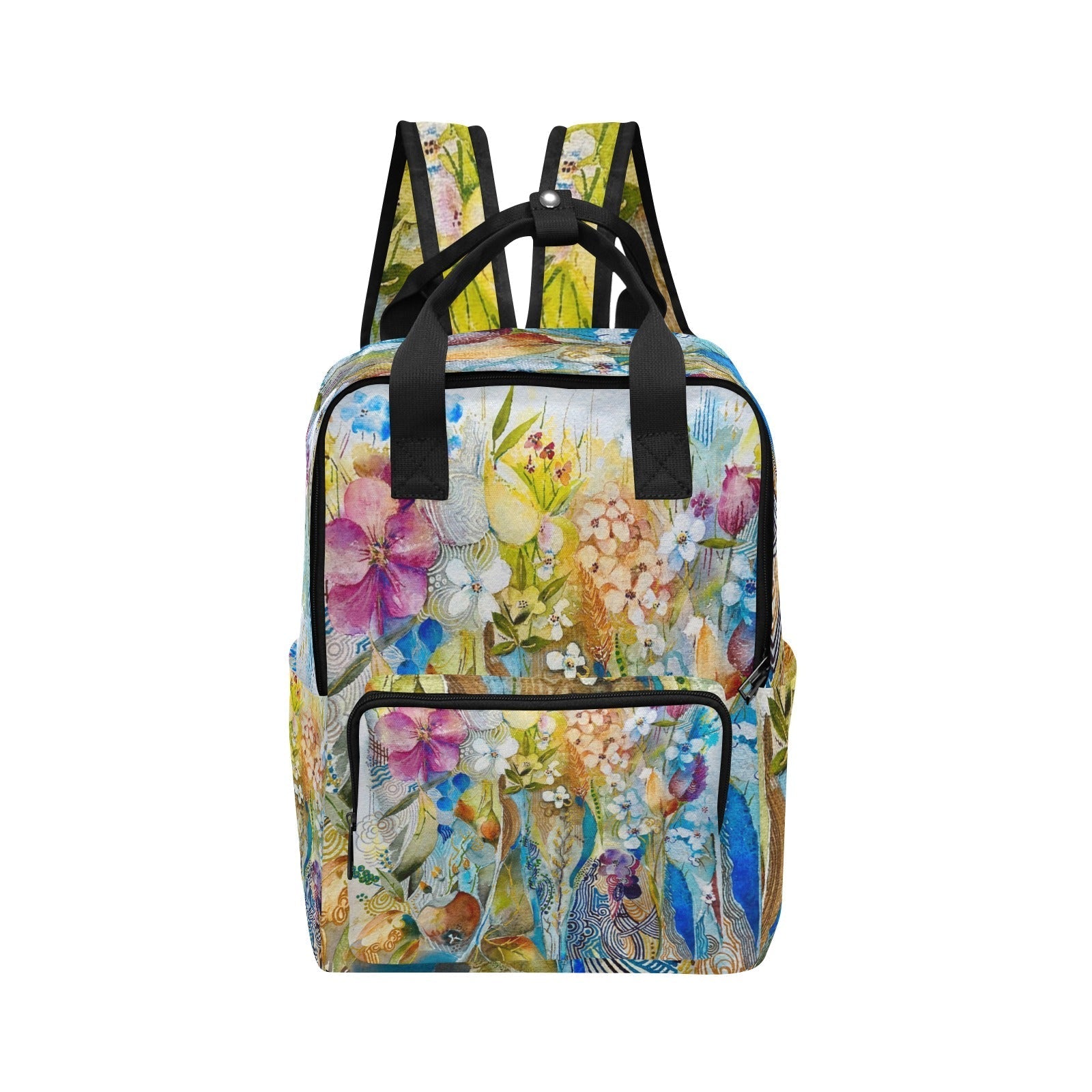 You Gave Me Flowers twin handle backpack with floral design, made of durable lightweight 1200D nylon, adjustable padded straps, multiple compartments for daily use.