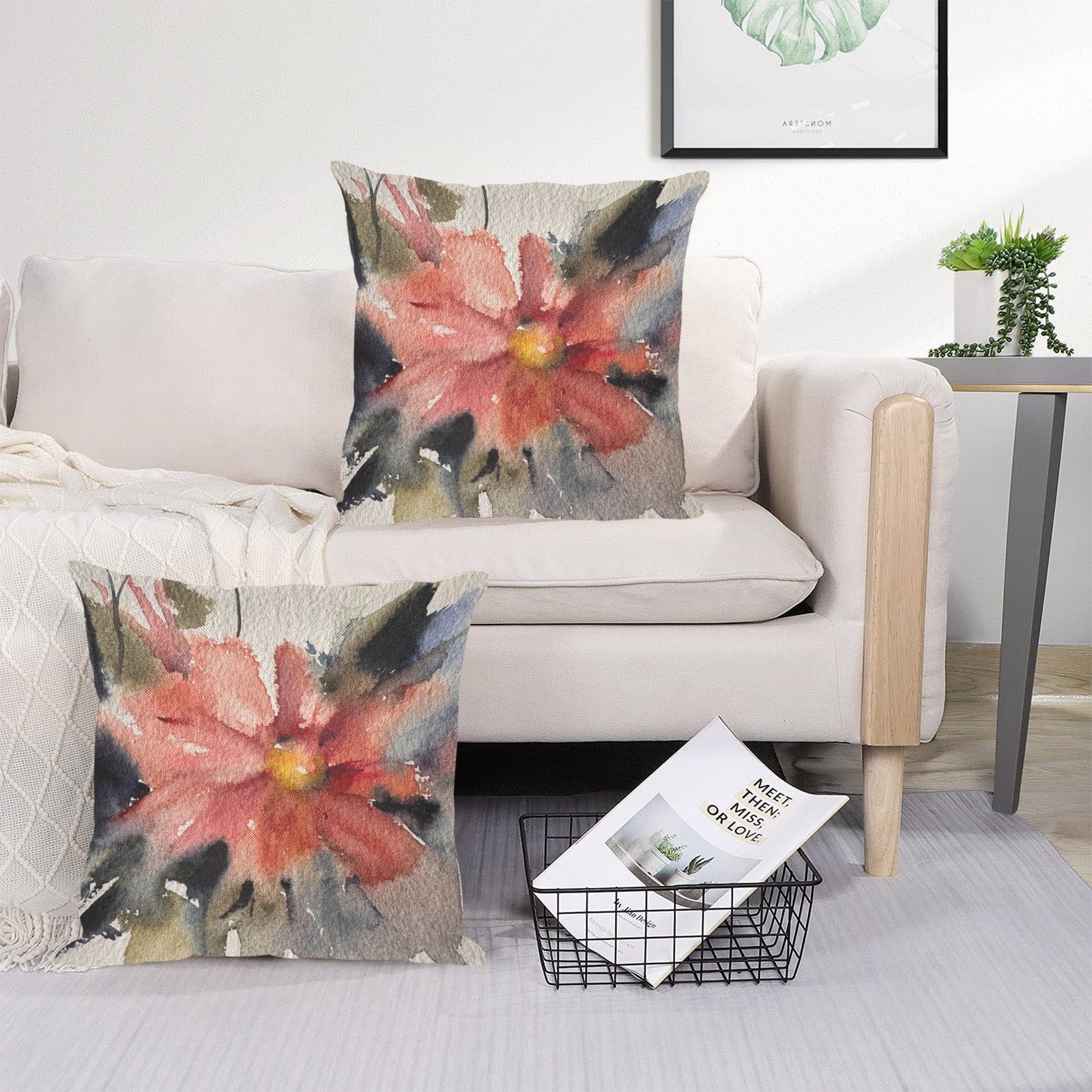 White and Red Dahlias Linen Zippered Pillowcase 18"x18", Pack of 2