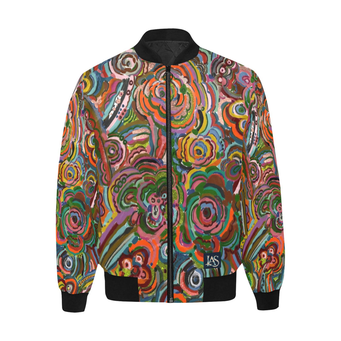 Woman wearing colorful Fall Fiesta Warm Bomber Jacket with vibrant autumn-inspired patterns