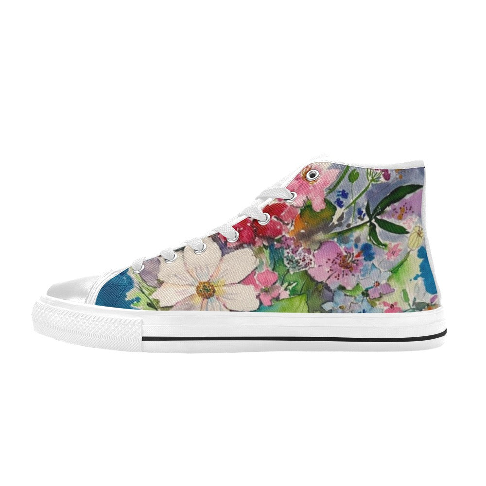 Flower Bunch White Women's classic high top canvas shoe with colorful floral design and white rubber sole