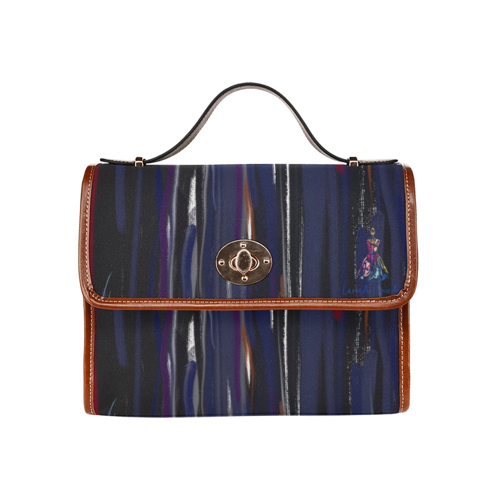 Blue music waterproof canvas shoulder bag with adjustable brown leather straps and metal clasp closure