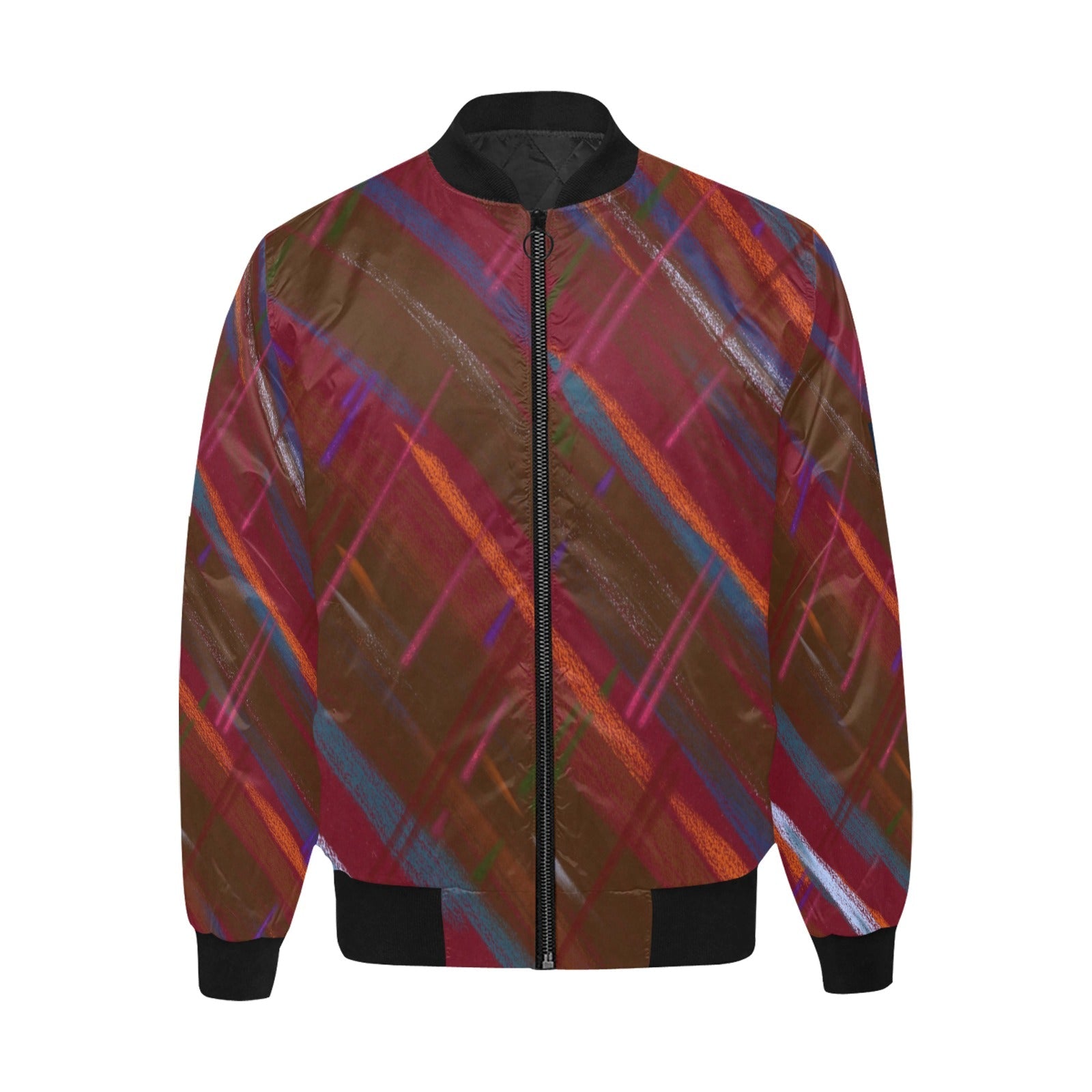 red tartan warm bomber jacket with artistic autumn-inspired pattern and black collar and cuffs