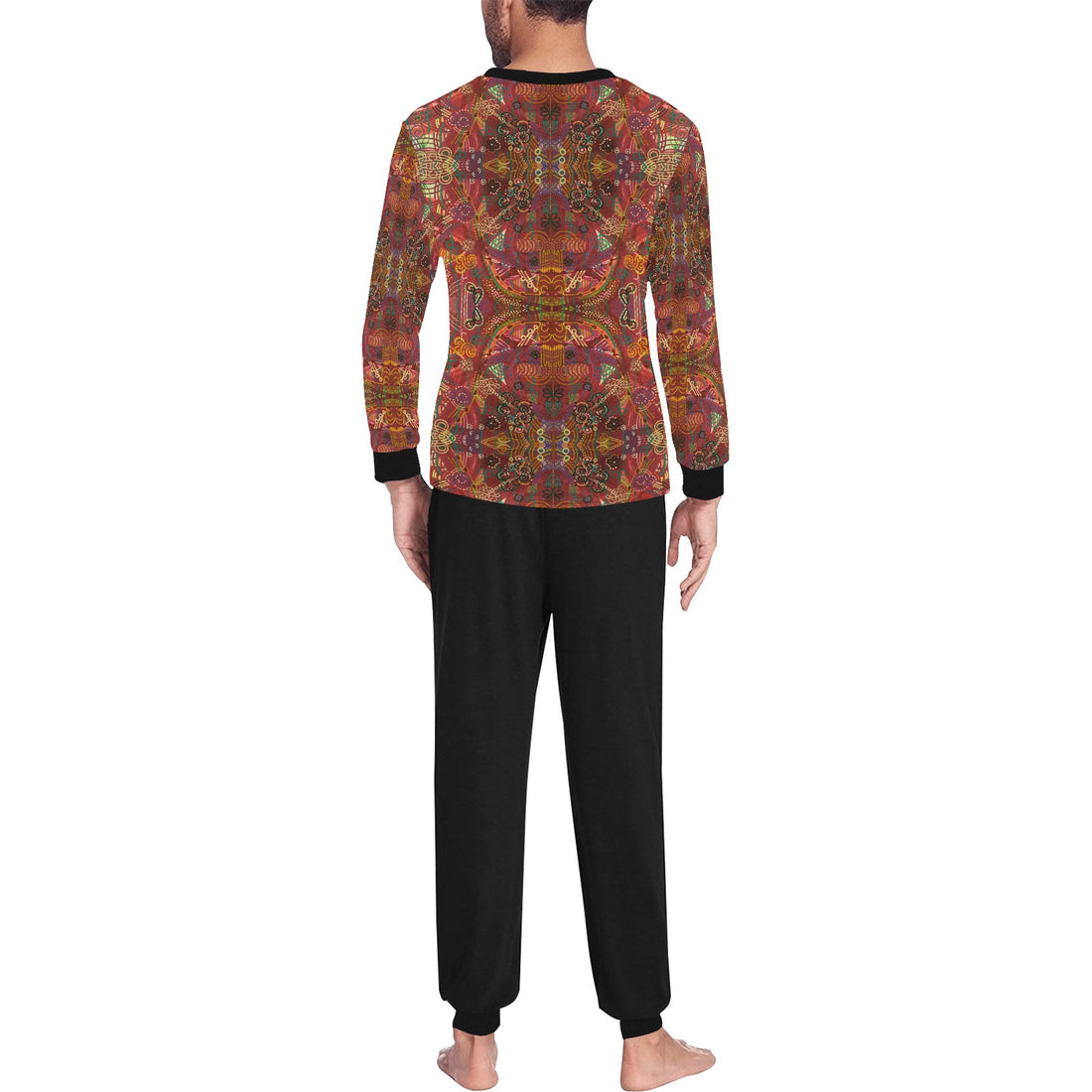 Men's Dark Swirls pajama set with long sleeve top and relaxed fit trousers, featuring ribbed cotton collar and cuffs.