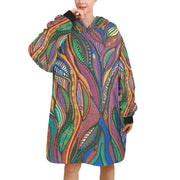 Lanterna Hoodie Blanket wearable fleece blanket for women with colorful leaf pattern and black cuffs