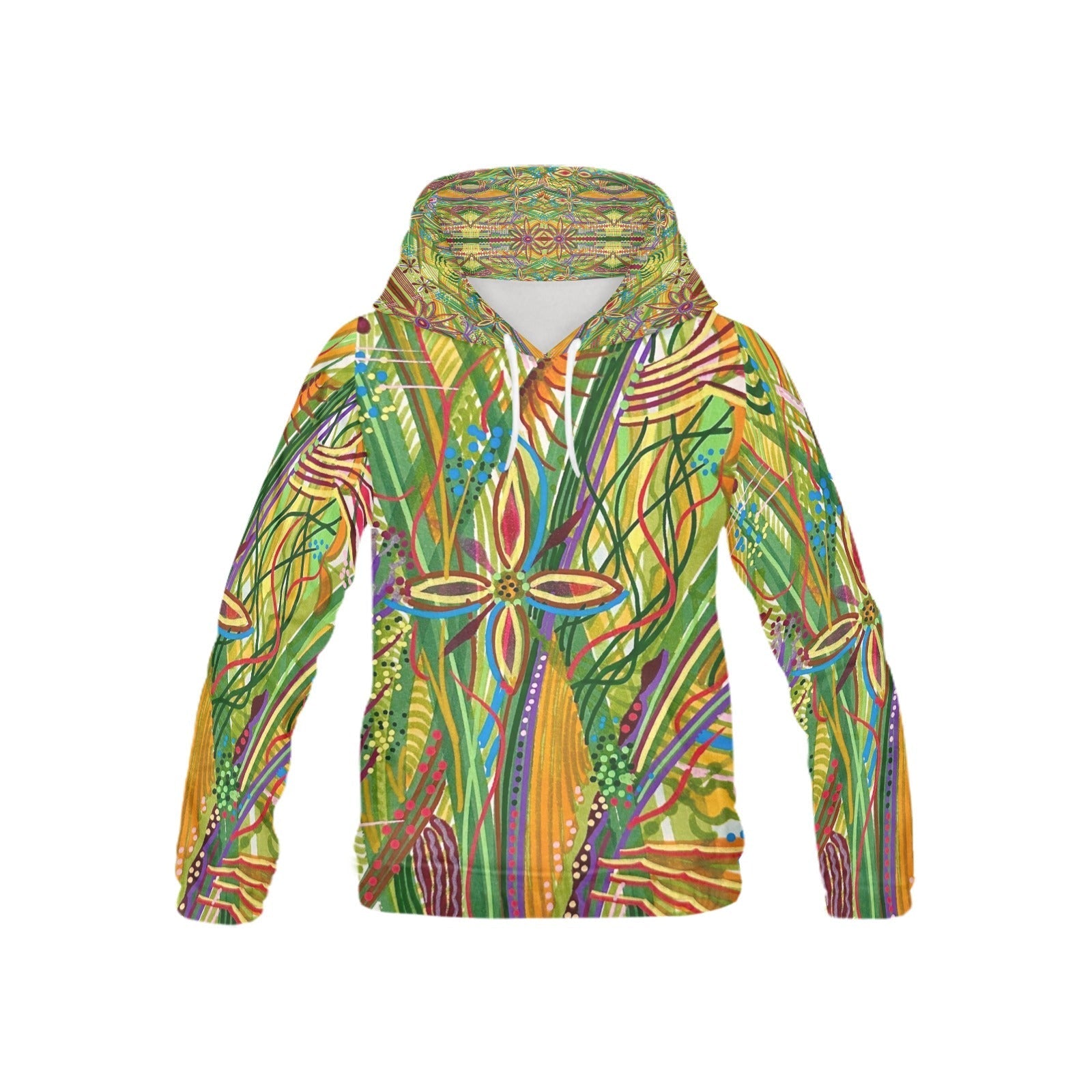 Kids green mosaic hoodie with vibrant multicolor abstract design, soft polyester-spandex blend, classic fit, and hooded style