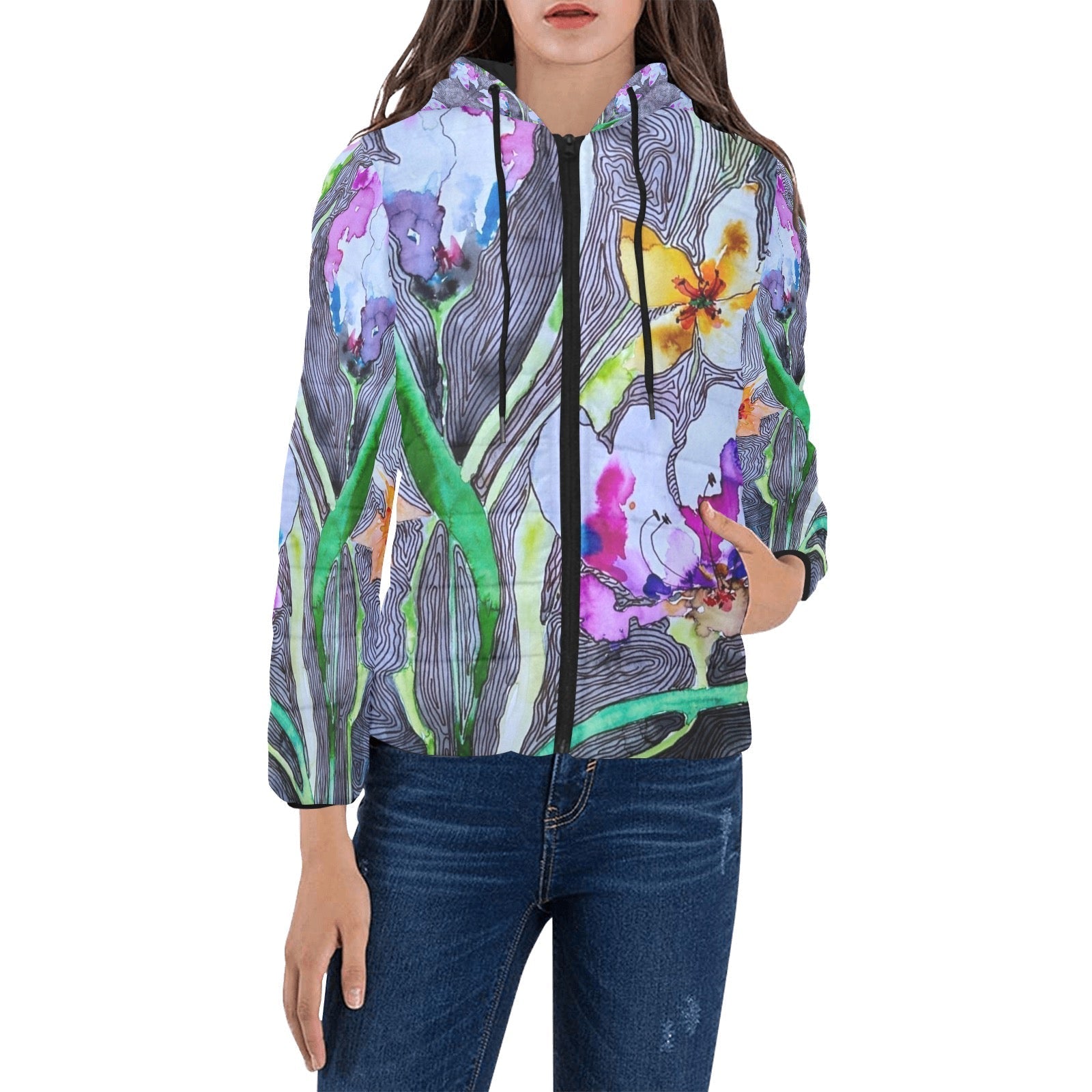 Lined Tulips women's padded hooded puffer jacket with colorful floral print and zipper closure