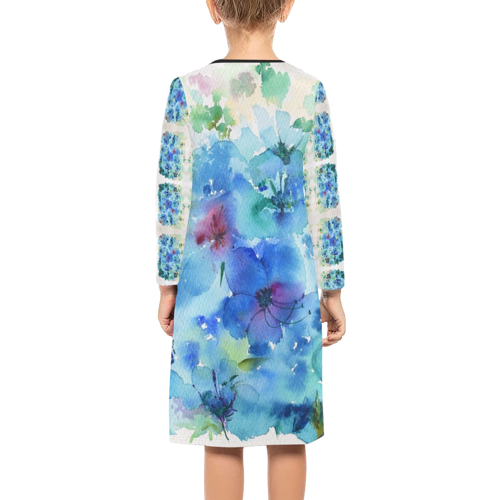 I Love Blue Flowers Girl's Long-Sleeve Dress – Comfortable and Stylish Midi-Length Dress for Kids