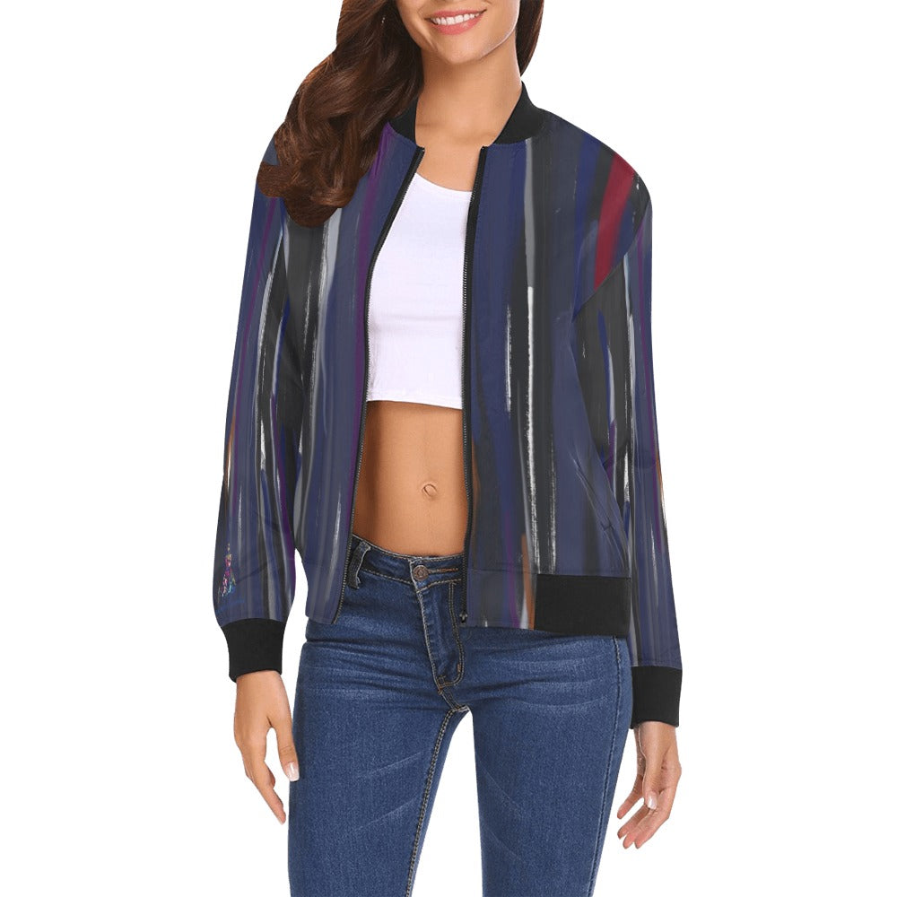 Women’s bomber jacket with blue music all over print and black ribbed cuffs and collar