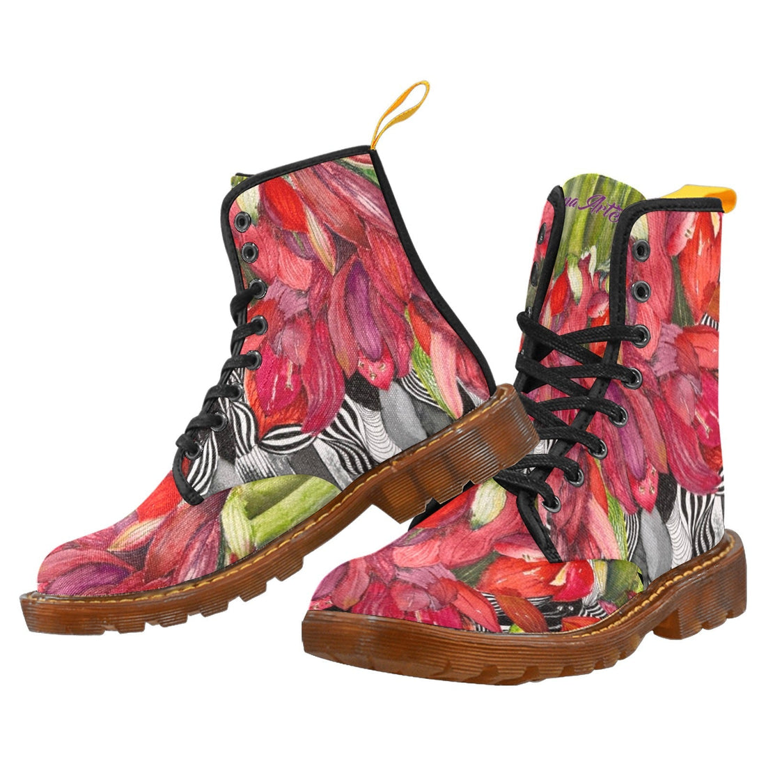 Floral combat-style Amarillis Black Custom Canvas Boots for women with lace-up design and translucent rubber sole.