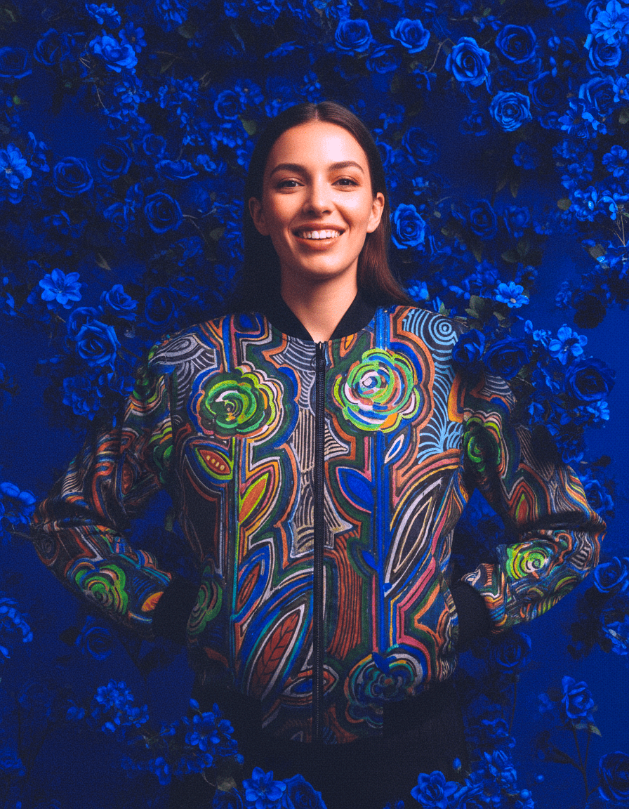 Fabled Flora Warm Women's Bomber Jacket with vibrant floral artwork and warm design against blue floral background
