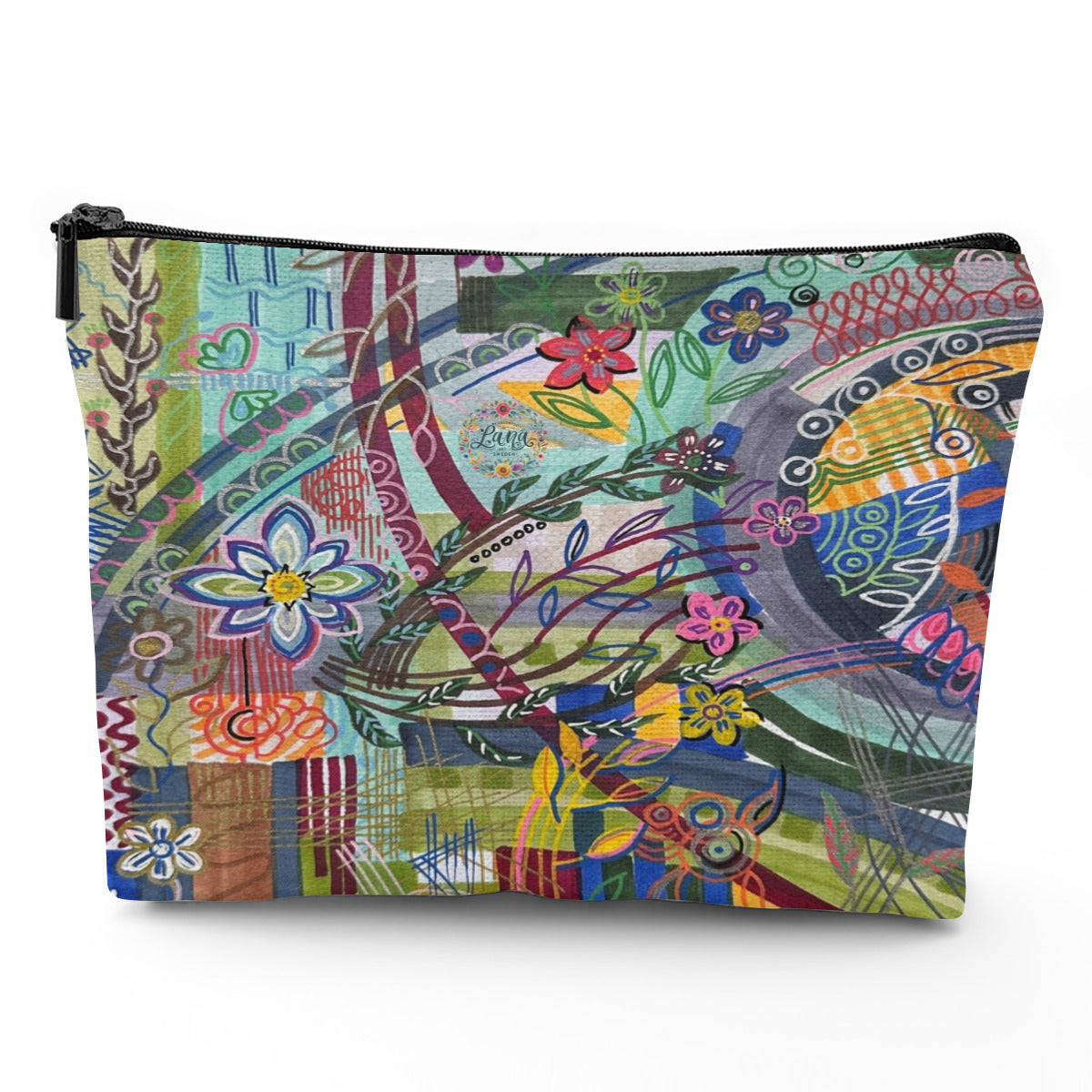 colorful linen makeup bag with floral and abstract patterns, large capacity, travel-friendly