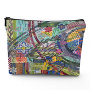 colorful linen makeup bag with floral and abstract patterns, large capacity, travel-friendly