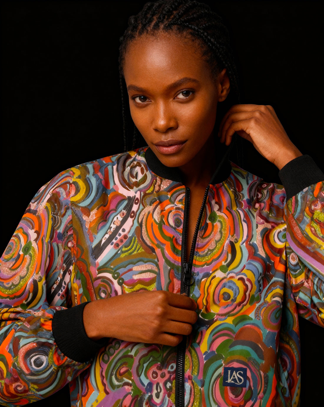 Woman wearing colorful Fall Fiesta Warm Bomber Jacket with vibrant autumn-inspired patterns
