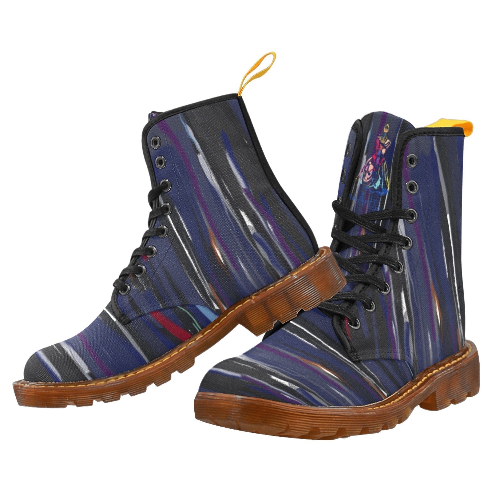 Blue and black striped custom canvas combat boots for women with brown rubber soles and lace-up design