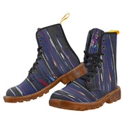 Blue and black striped custom canvas combat boots for women with brown rubber soles and lace-up design