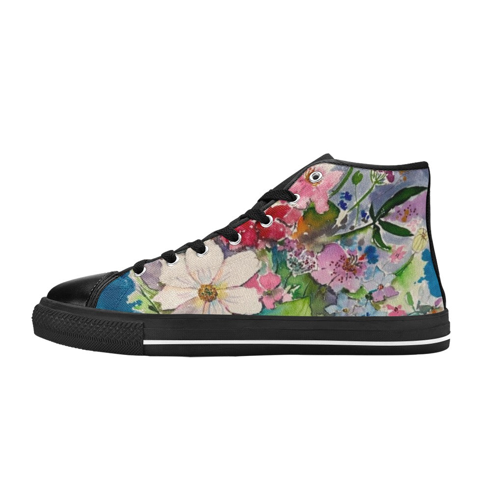 Black women's high top canvas shoes with colorful flower bunch design and rubber sole