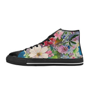Black women's high top canvas shoes with colorful flower bunch design and rubber sole