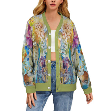 You Gave Me Flowers Lime Women's Ribbed Cardigan (Model H73)