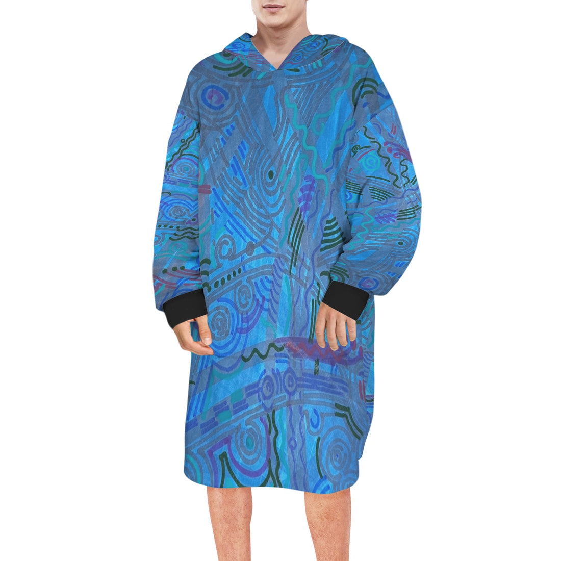 Blue Ice Blanket Hoodie for Men by LanaArtSweden, featuring lightweight fleece material, vibrant no-fade print, and cozy all-season design.