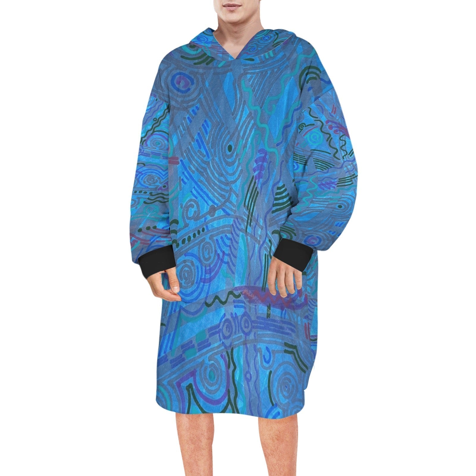 Blue Ice Blanket Hoodie for men with vibrant blue abstract design, oversized wearable fleece hoodie for warmth and comfort
