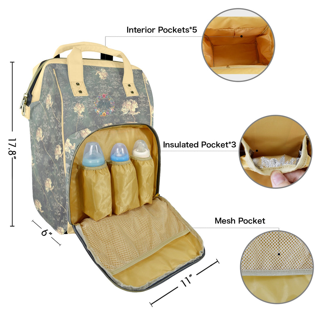 Single Tulip Wheat Multi-Function Travel Diaper Bag-Large