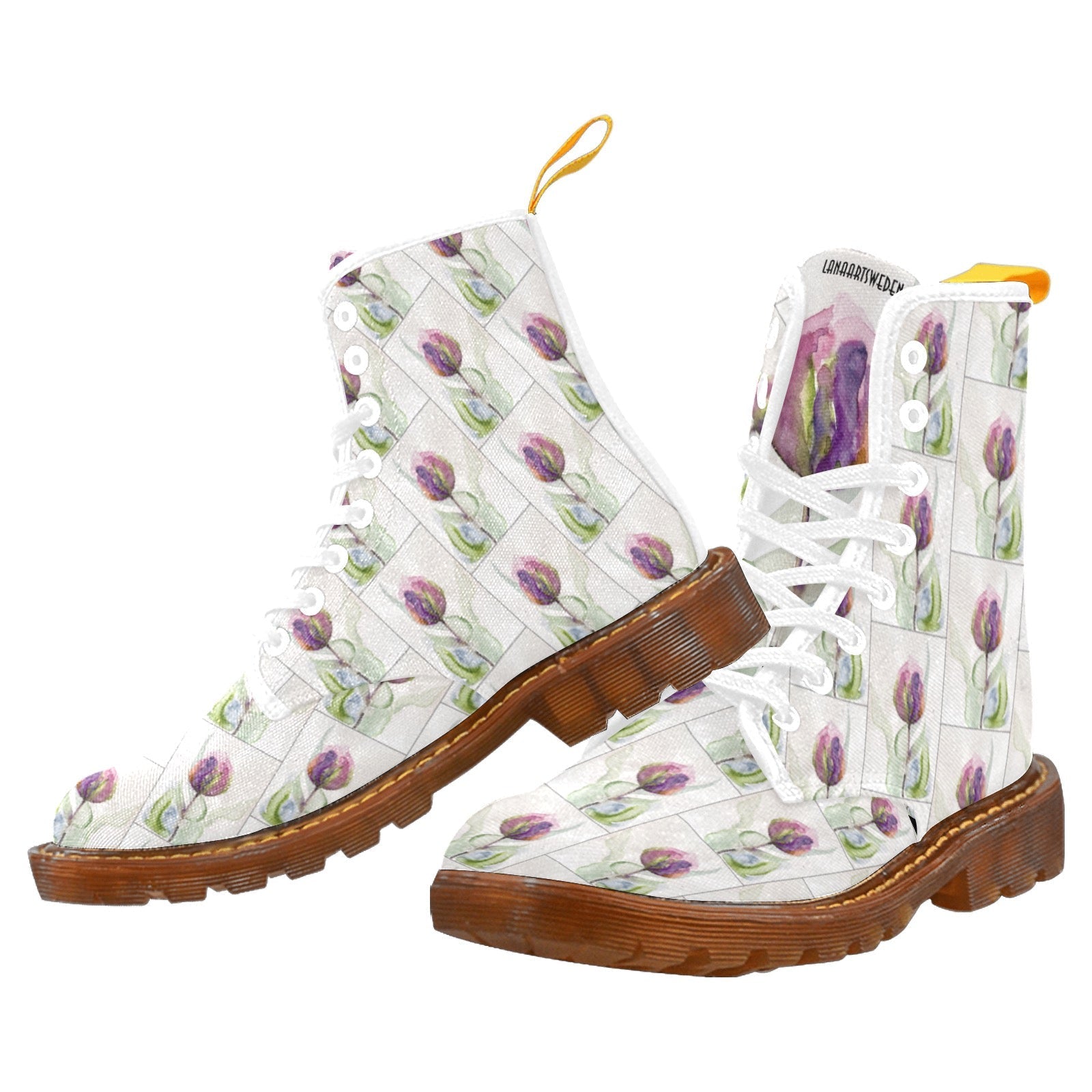 Women's tulip pattern custom canvas combat boots with translucent rubber sole and lace-up design