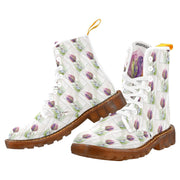 Women's tulip pattern custom canvas combat boots with translucent rubber sole and lace-up design