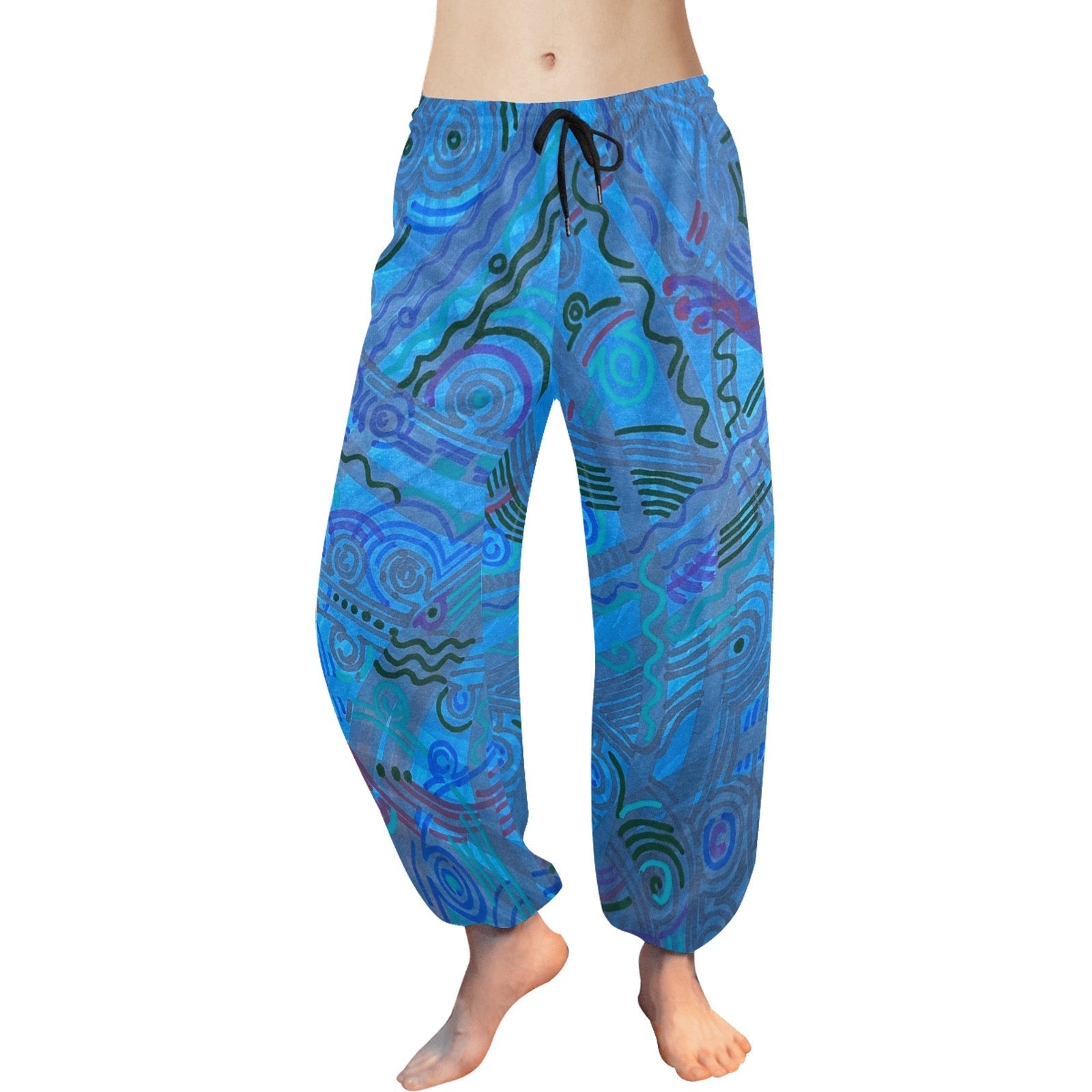 Blue Ice Pants lightweight chiffon drawstring harem pants with abstract blue pattern and ankle cuffs for yoga and lounging