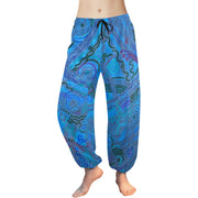 Blue Ice Pants lightweight chiffon drawstring harem pants with abstract blue pattern and ankle cuffs for yoga and lounging