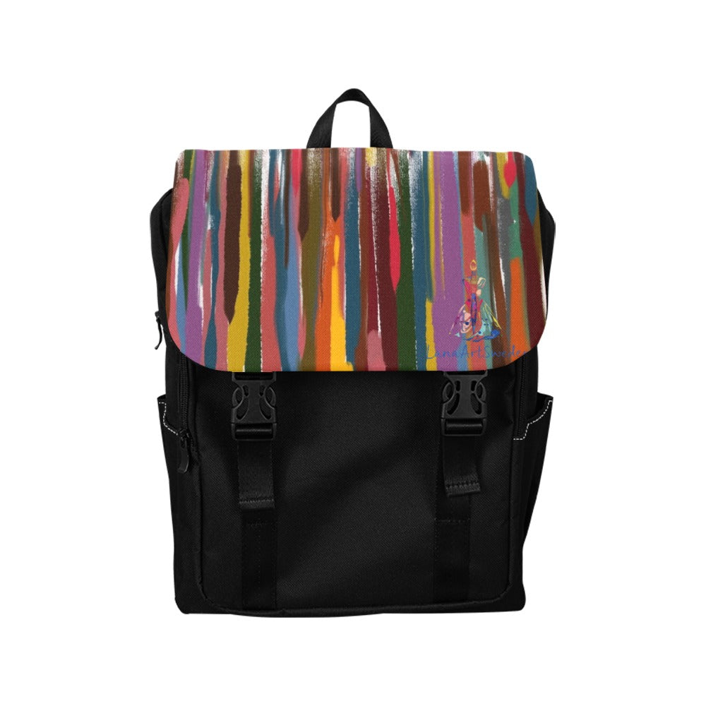 Power Stripes Casual Backpack with colorful striped flap and black oxford fabric body, adjustable straps, and multiple storage pockets.