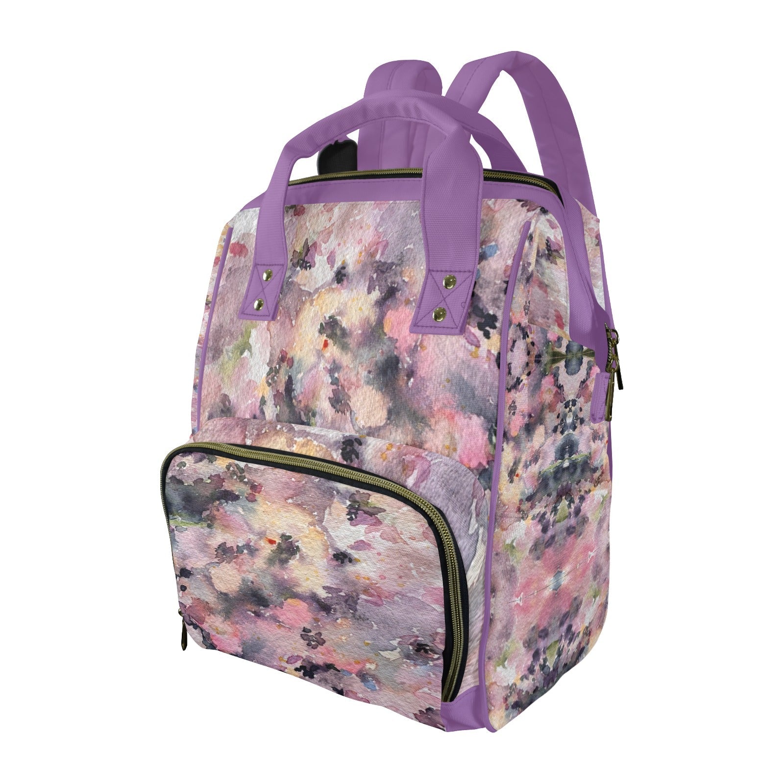 Geranium Field MultiFunction Diaper Bag backpack with floral pattern and purple accents, spacious and durable design for parents on the go
