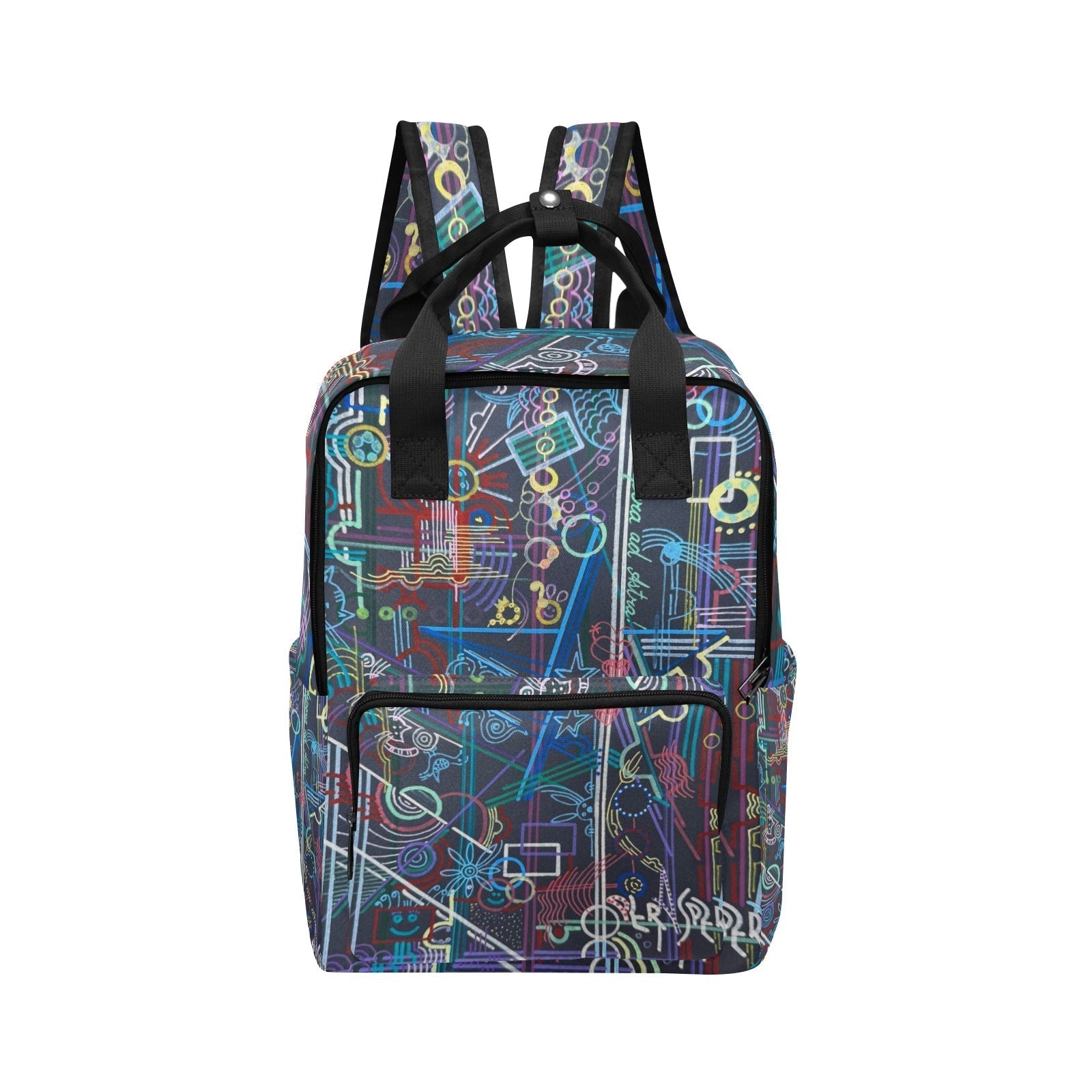Per Aspera Animals Twin Handle Backpack with colorful abstract design, durable 1200D nylon, front and side pockets, padded adjustable straps, and twin handles for comfortable carrying.
