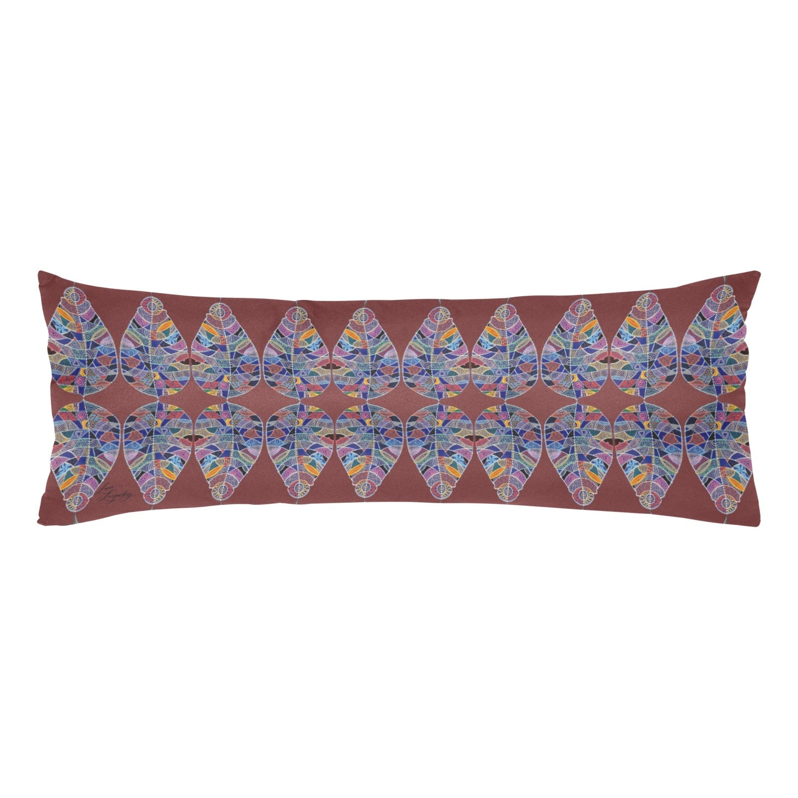 Fancy Leaf Forest body pillow case 20x54 inches with colorful leaf pattern on brown background, made of soft polyester fabric with zipper closure.