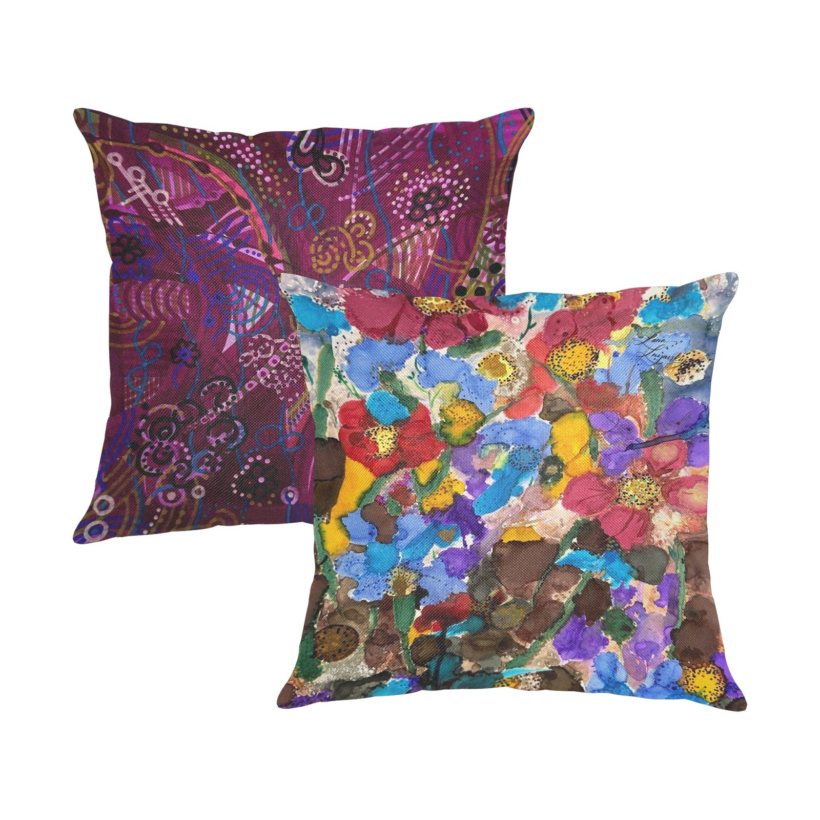 Purple Swirls and Fall Flowers Linen Zippered Pillowcase 18"x18"(Pack of 2)