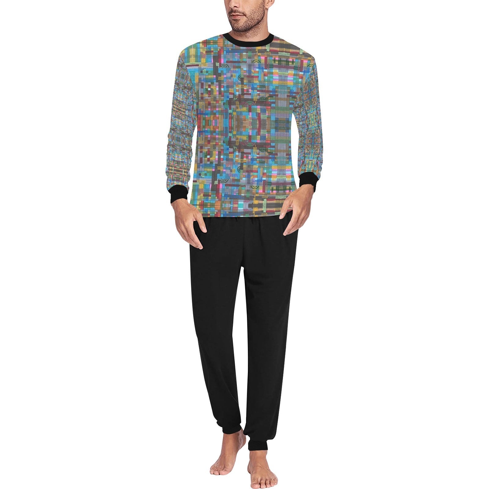 Men's Pajama Set with multicolor pixelated long-sleeve top and solid black relaxed fit trousers, comfortable loungewear for men