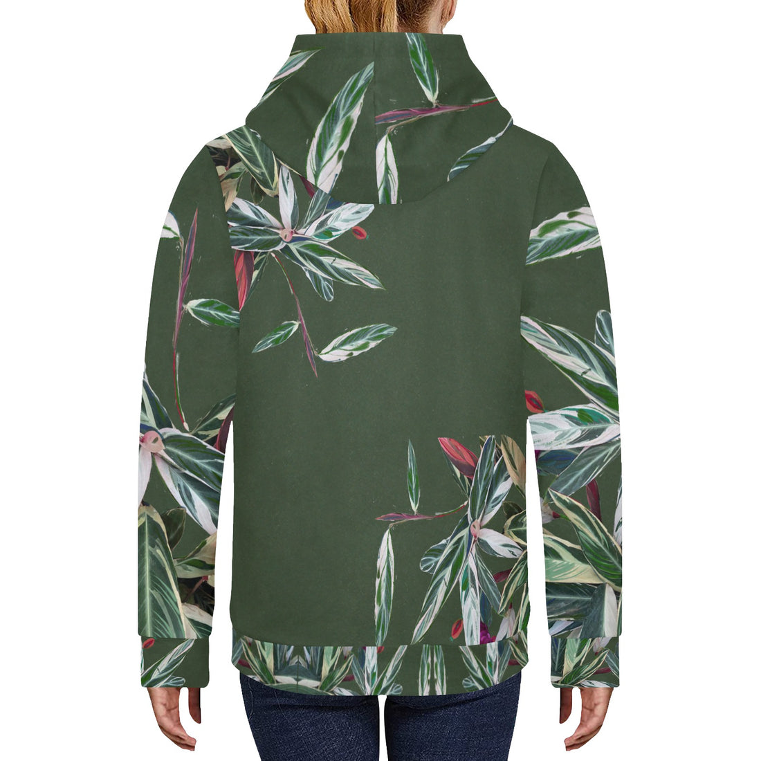 Green Leaves Women's Fleece Hoodie w/ White Lining Hood