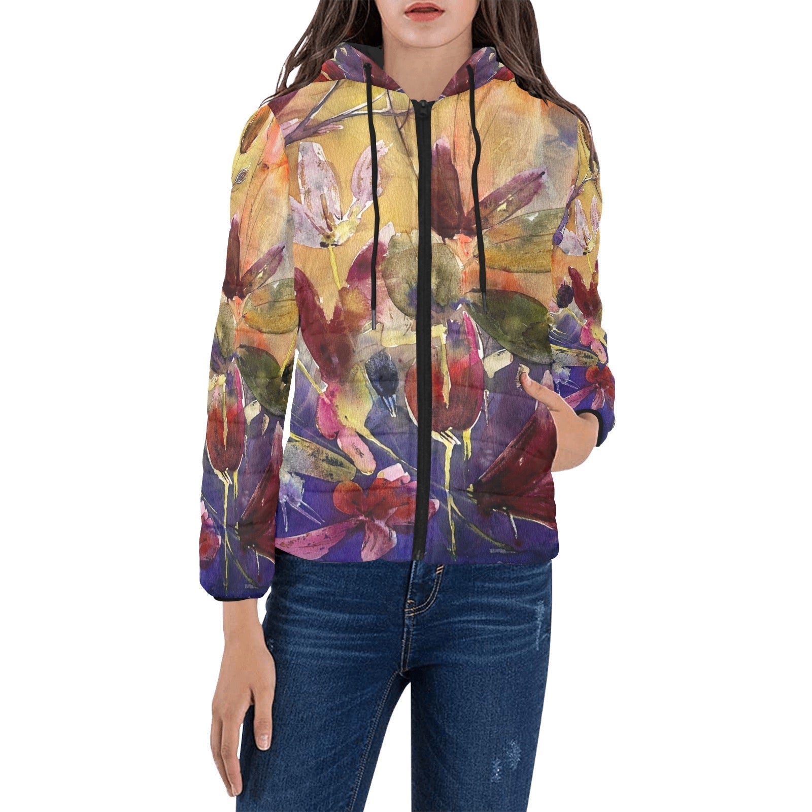 Winter Cyclamen Women's padded hooded puffer jacket with colorful floral artwork and quilted lining