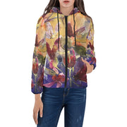 Winter Cyclamen Women's padded hooded puffer jacket with colorful floral artwork and quilted lining