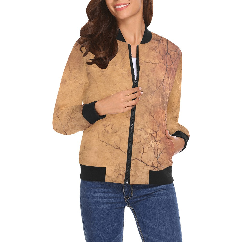 Women's Rusty Life Bomber Jacket with original art design, ribbed collar and cuffs, zip-up front, and casual fit.