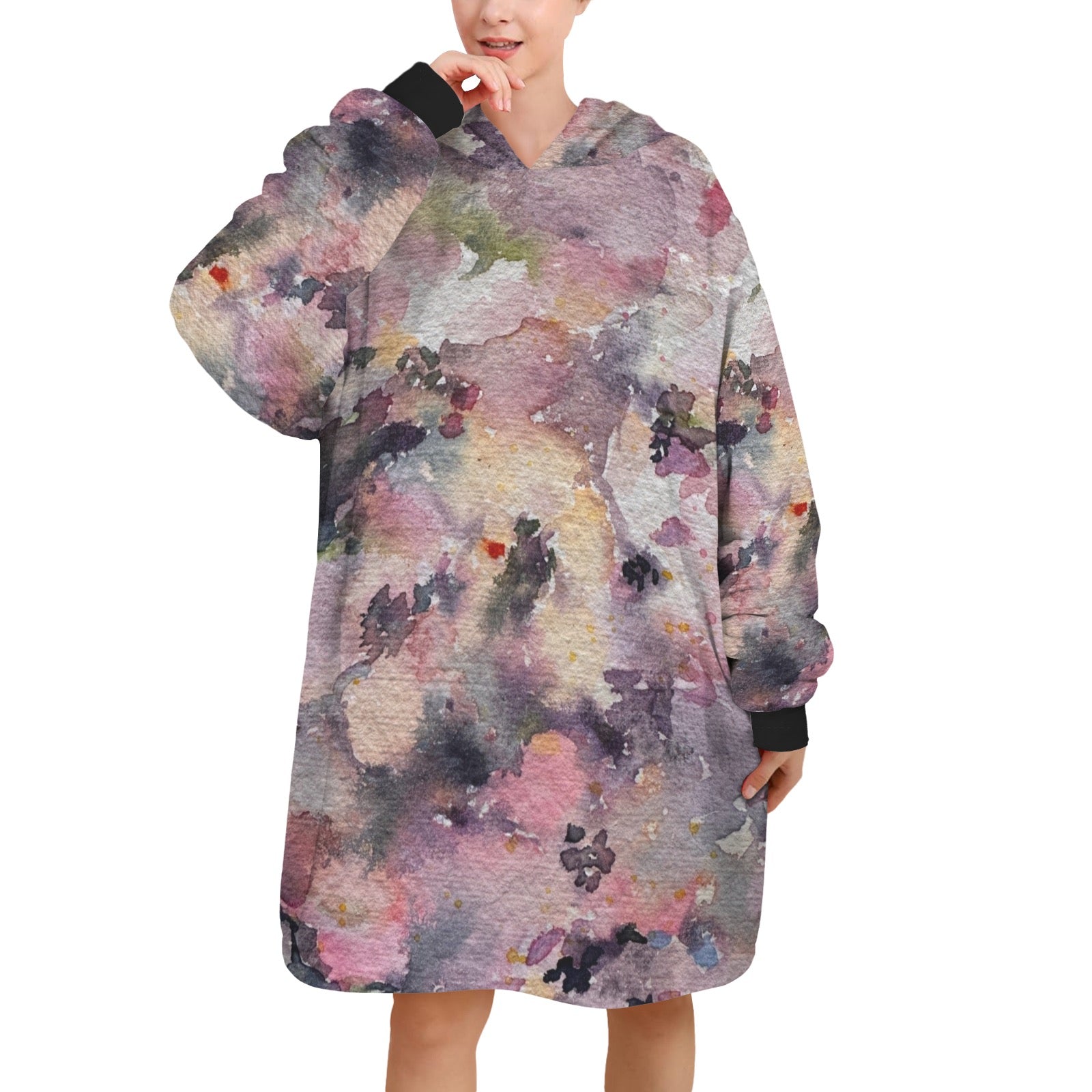 Winter Rose Flowers Blanket Hoodie for women with colorful floral design and cozy fleece material